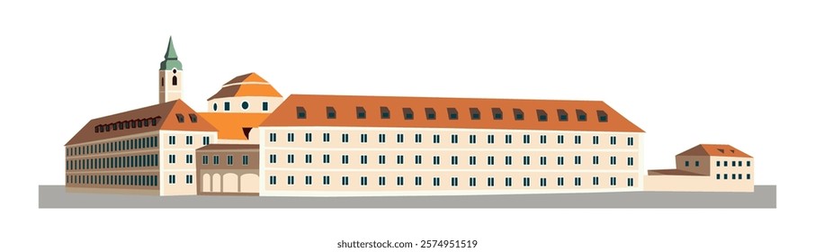 Vector illustration of panorama of Weltenburg monastery or Benedictine monastery on the Danube river in Bavaria, near the town of Kelheim on white background isolated.