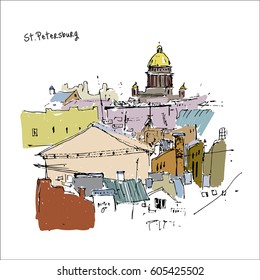 Vector illustration. Panoramic aerial view over St. Petersburg, Russia. St. Isaac’s Cathedral and many roofs.