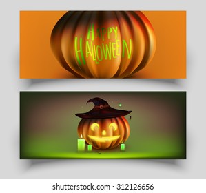 Vector illustration panoramic banner design for Halloween. Jack-o'-lantern. EPS 10