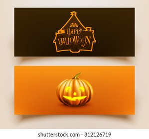 Vector illustration panoramic banner design for Halloween. An old house, Jack-o'-lantern. EPS 10