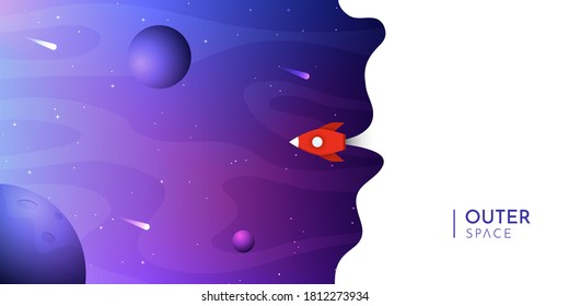 Vector illustration. Panoramic cosmic wallpaper. Abstract concept. Asteroid, planet. Gradient color. Space exploration. Modern art graphics. Elements for web design, poster, banner. Colorful backdrop