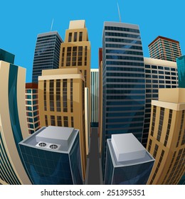 vector illustration of panoramic fisheye lens cityscape view. modern city with skyscrapers, business centers and other buildings. architectural composition with curvilinear perspective