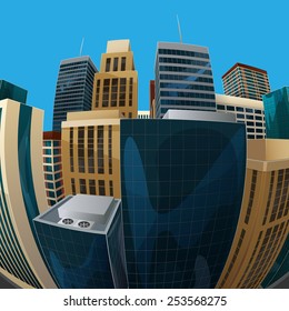 vector illustration of panoramic fisheye lens cityscape view. modern city with skyscrapers, business centers and other buildings. architectural composition with curvilinear perspective