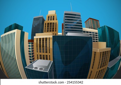 vector illustration of panoramic fisheye lens cityscape view. modern city with skyscrapers, business centers and other buildings. architectural composition with curvilinear perspective