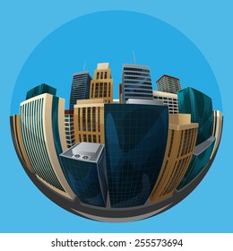 vector illustration of panoramic fisheye lens cityscape view. modern city with skyscrapers, business centers and other buildings. architectural composition with curvilinear perspective