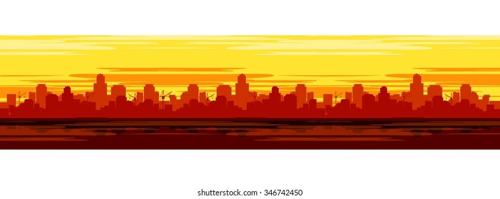 vector illustration of a panoramic image of an evening city sunset silhouette of houses