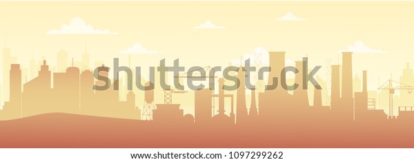 Vector\
illustration of panoramic industrial silhouette landscape with\
factory buildings and pollution in flat\
style.