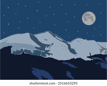 Vector illustration of a panoramic landscape portrait of a full moon and stars in the mountain sky. Vector about landscape night environmental scene background.