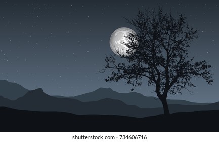 Vector illustration of a panoramic night mountain landscape with tree, under the sky with moon and stars with space for text