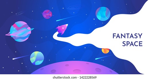 Vector illustration. Panoramic space wallpaper. Abstract concept. Gradient planets. Space exploration. Modern art graphics. Elements for web design