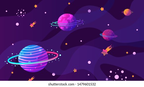Vector illustration. Panoramic space wallpaper. Abstract concept. Gradient planets. Space exploration. Modern art graphics. Elements for web design