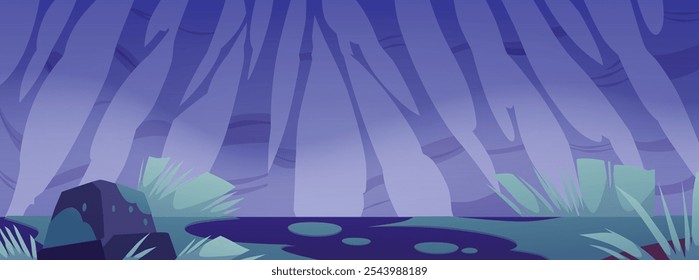 Vector illustration of panoramic swampy terrain for game interface. Swamp with grass and stones, covered with green moss against the background of tree silhouettes. Night landscape. Cartoon style.