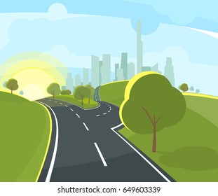 Vector illustration of panoramic urban landscape with highway in perspective and funny environment