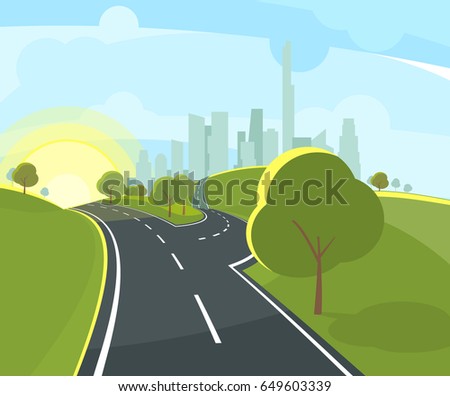 Vector illustration of panoramic urban landscape with highway in perspective and funny environment