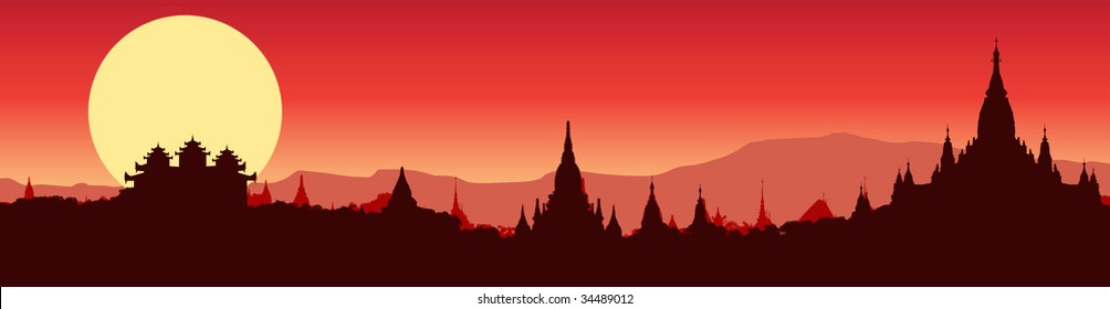 vector illustration of a panoramic view of Bagan in Myanmar