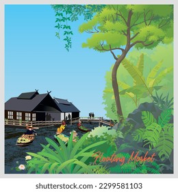 Vector illustration of a panoramic view of a floating market in Southeast Asia.