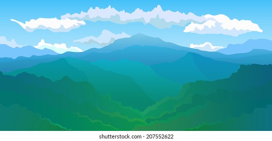 Vector illustration. Panoramic view of the mountain range 