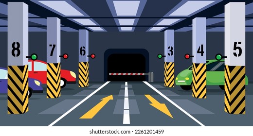 Vector illustration of a panoramic view of an underground parking lot. Cartoon parking lot with parked cars with markings, columns. Underground parking of houses, supermarkets.