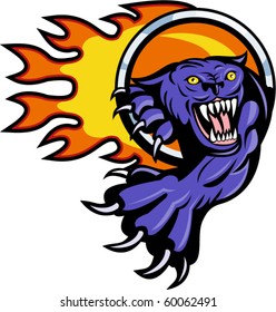 vector illustration of a Panther attacking with ring of fire in background isolated on white