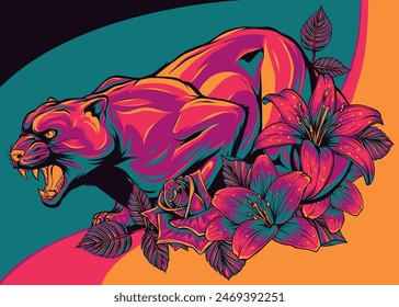 vector illustration of Panther with flowers on white background