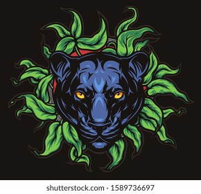 Vector illustration of panther head on the leaves background. 