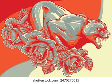 vector illustration of panther with roses on white background