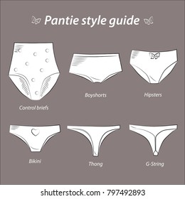Vector illustration "Pantie style guide". Control brief, boyshorts, hipsters, bikini, thong, G-string. 