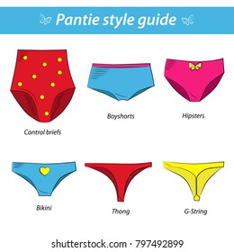 Vector illustration "Pantie style guide". Control brief, boyshorts, hipsters, bikini, thong, G-string.  Colored panties over white background