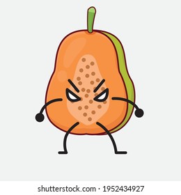 Vector Illustration of Papaya Fruit Character with cute face, simple hands and leg line art on Isolated Background. Flat cartoon doodle style.