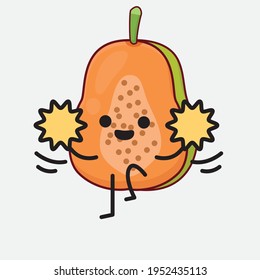 Vector Illustration of Papaya Fruit Character with cute face, simple hands and leg line art on Isolated Background. Flat cartoon doodle style.