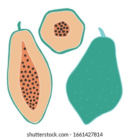 Vector illustration with papaya fruit. Green and orange pattern. Image for fabrics printing on paper,  covers, cards.