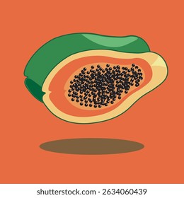 A vector illustration of a papaya fruit with its seeds visible on a coral background