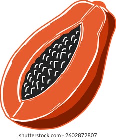 A vector illustration of a papaya fruit, showcasing its orange flesh and black seeds in a sliced section