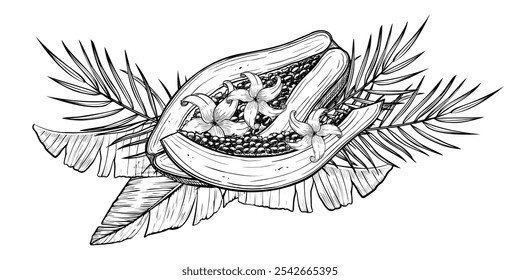 Vector illustration of Papaya Fruits with palm leaves and flowers in linear style. Food etching of pawpaw plant painted by black inks. Outline Drawing of exotic tropical dessert.