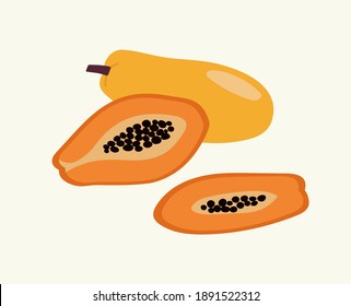 Ilustración vectorial de papaya y mitad de papaya en diferentes colores sobre fondo beige. Conjunto hecho a mano. Tarjeta de papaya de moda. Idóneo para ilustrar la alimentación sana, las recetas, la granja local.