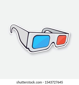 Vector illustration. Paper 3d glasses isometric view. Stereo retro glasses for three-dimensional cinema. Symbol of the film industry. Sticker with contour. Isolated on white background