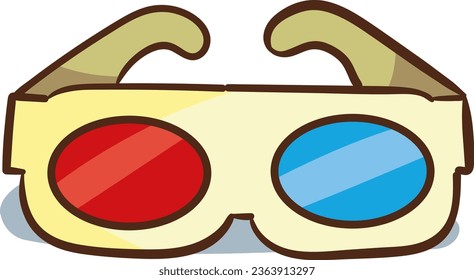 Vector illustration. Paper 3d glasses front view. Stereo retro glasses for three-dimensional cinema. Symbol of the film industry. Sticker with contour. Isolated on white background