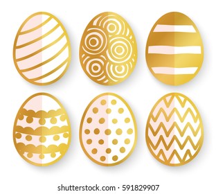 Vector illustration: paper 3D golden  egg icons with ornament and half shadow for Easter holidays design isolated on white background.