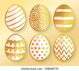 Vector illustration: paper 3D golden  egg icons with ornament and half shadow for Easter holidays design isolated on golden background.