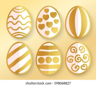 Vector illustration: paper 3D golden  egg icons with ornament and half shadow for Easter holidays design isolated on golden background.