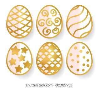 Vector illustration: paper 3D golden  egg icons with ornament and half shadow for Easter holidays design isolated on white background.