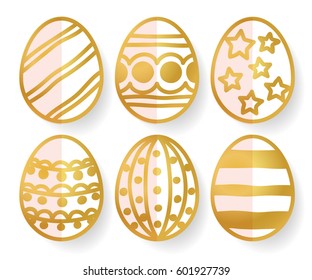 Vector illustration: paper 3D golden  egg icons with ornament and half shadow for Easter holidays design isolated on white background.