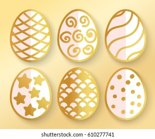 Vector illustration: paper 3D golden  egg icons with ornament and half shadow for Easter holidays design isolated on golden background.