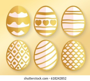 Vector illustration: paper 3D golden  egg icons with ornament and half shadow for Easter holidays design isolated on golden background.