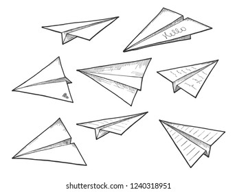 Vector illustration of paper air planes set. Origami sculptures, airplane, notes, mail, aviation drawings in a hand drawn style.