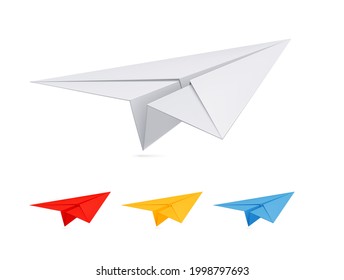 Ilustración vectorial de un avión de papel en 3 colores diferentes.