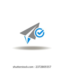 Vector illustration of paper airplane with check mark. Icon of request. Symbol of mail message.
