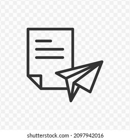 Vector illustration of paper airplane document icon in dark color and transparent background(png).