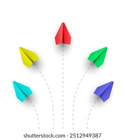 Vector illustration of paper airplanes flying in different directions. The concept of individuality and independence.