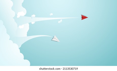 vector illustration of paper airplanes  leader flying together on blue sky with cloud background. Creative concept idea of  business success and leadership .Vector illustration
